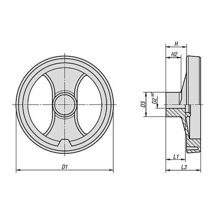KIPP Volant à 2 rayons D1=80 Trou lisse avec rainure D2=8H7 Polyamide noir
