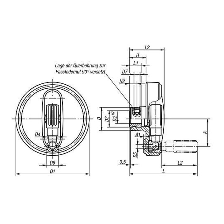 KIPP Volant D1=160 Alésage de passage Rainure D2=16H7 B3=5 T=18,3 Perçage transversal