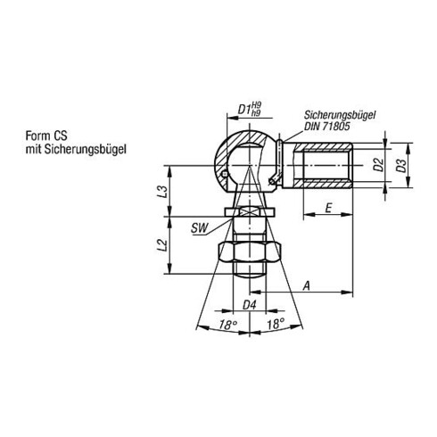KIPP Winkelgelenk DIN71802 Rechtsgewinde, Form CS mit Sicherungsbügel, Innen- und Aussengewinde, Stahl