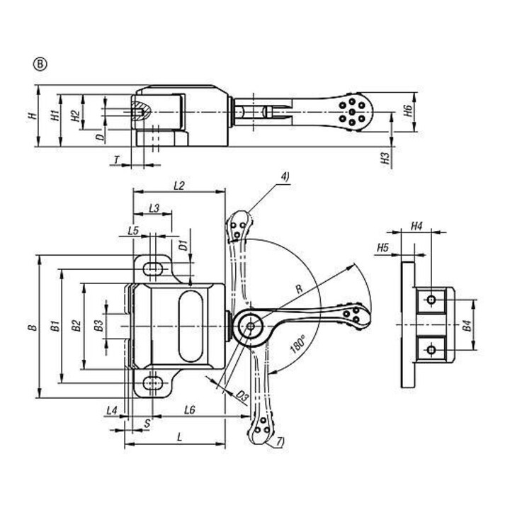 KIPP Zijspanner met spanklep Vorm B F=3 S=2,2 gehard staal zwart gebrûneerd