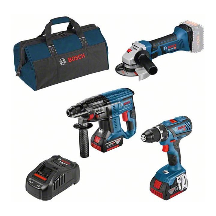 Bosch Kit combo set 18 V: trapano avvitatore a batteria GSR 18 V-28 + martello perforatore a batteria GBH 18 V-21 + smerigliatrice angolare a batteria GWS 18 V-LI + 2x GBA 5,0 Ah, GAL, borsa portautensili