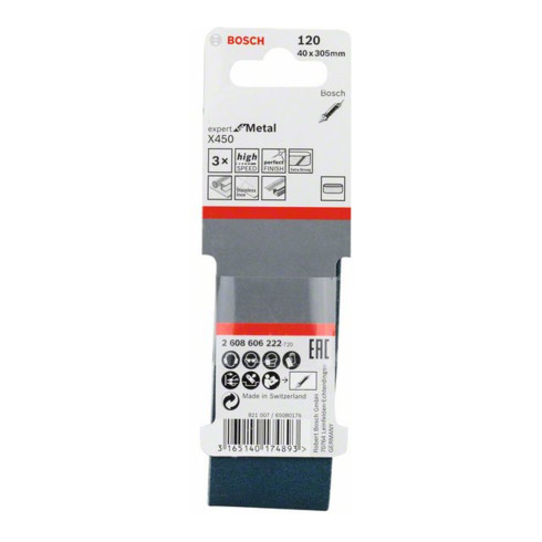 Kit de bandes abrasives Bosch X450 Expert pour métal en 3 parties 40 x 305 mm 120