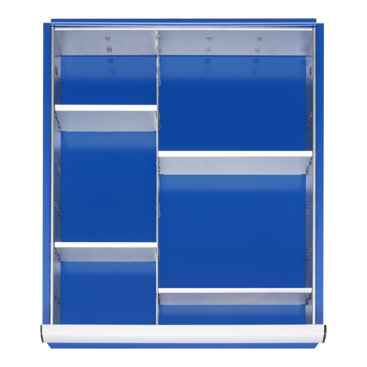 Werkbank, BxTxH 1500x700x840 mm, 3 Schubladen 120/180/240 mm, Arbeitsplatte Buche massiv 40 mm , RAL 7035/ 5010 lichtgrau/enzianblau + Einteilungsset für Schubladen BxT 490x560 mm: 1 Trennwand, 4 Quertrennbleche, für Fronthöhen 120/150 mm +...