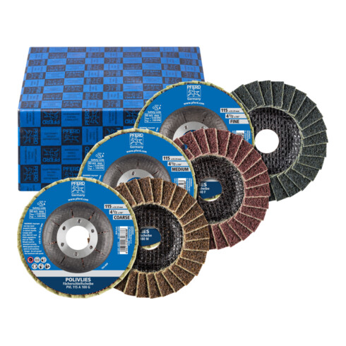 Kit de disques à lamelles PFERD POLIVLIES PVL corindon Diamètre 115mm Alésage diamètre 22,23 mmmm A100,180,280