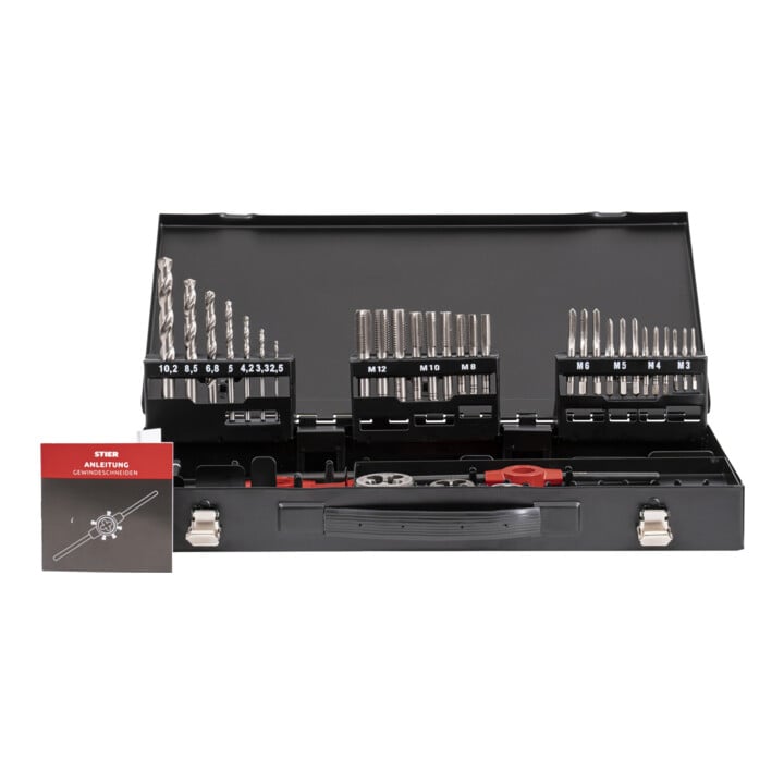 Kit de filetage avec jeu de tarauds STIER, 45 pièces (M3-12)