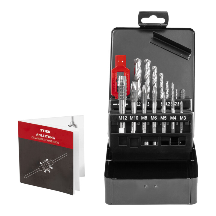 Kit de filetage STIER, 15 pièces, M3-M12, type B, HSS-G