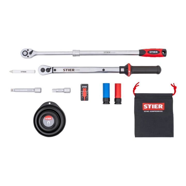 Set STIER Cric hydraulique de manutention + Kit de montage de roue 1/2 pouce 40-200 Nm, 11 pièces
