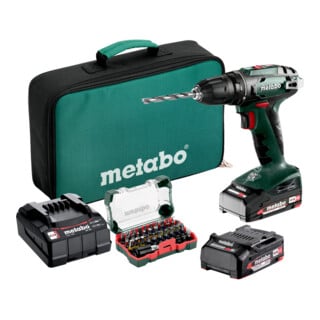 Kit de perceuse-visseuse sans fil Metabo BS 18 avec coffret d'embouts SP (32 pièces) et mallette souple, 18V 2x2Ah Li-Power + SC 30
