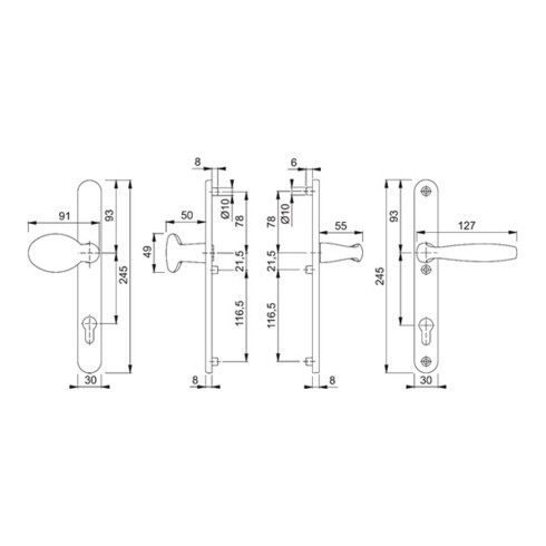 Kit de changement de porte profilée Hoppe New York 76G 92 aluminium épaisseur de porte 57-62 mm