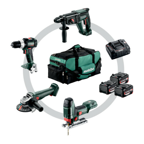 Kit d'outils sans fil Combo pour l'artisanat du bâtiment Metabo 4.3SB 18 LT BL + W 18 L 9-125 Quick + KH 18 LTX 24 + STA 18 LTX 100 ; Pochette à outils