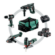 Kit d'outils sans fil Combo pour l'artisanat du bâtiment Metabo 4.3SB 18 LT BL + W 18 L 9-125 Quick + KH 18 LTX 24 + STA 18 LTX 100 ; Pochette à outils