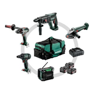 Kit d'outils sans fil Combo pour l'artisanat du bâtiment Metabo 5.2BS 18 LTX BL + KH 18 LTX 24 + W 18 L 9-125 Quick + SSW 18 LTX 300 BL + R 12-18 DAB BT ; Sacoche à outils