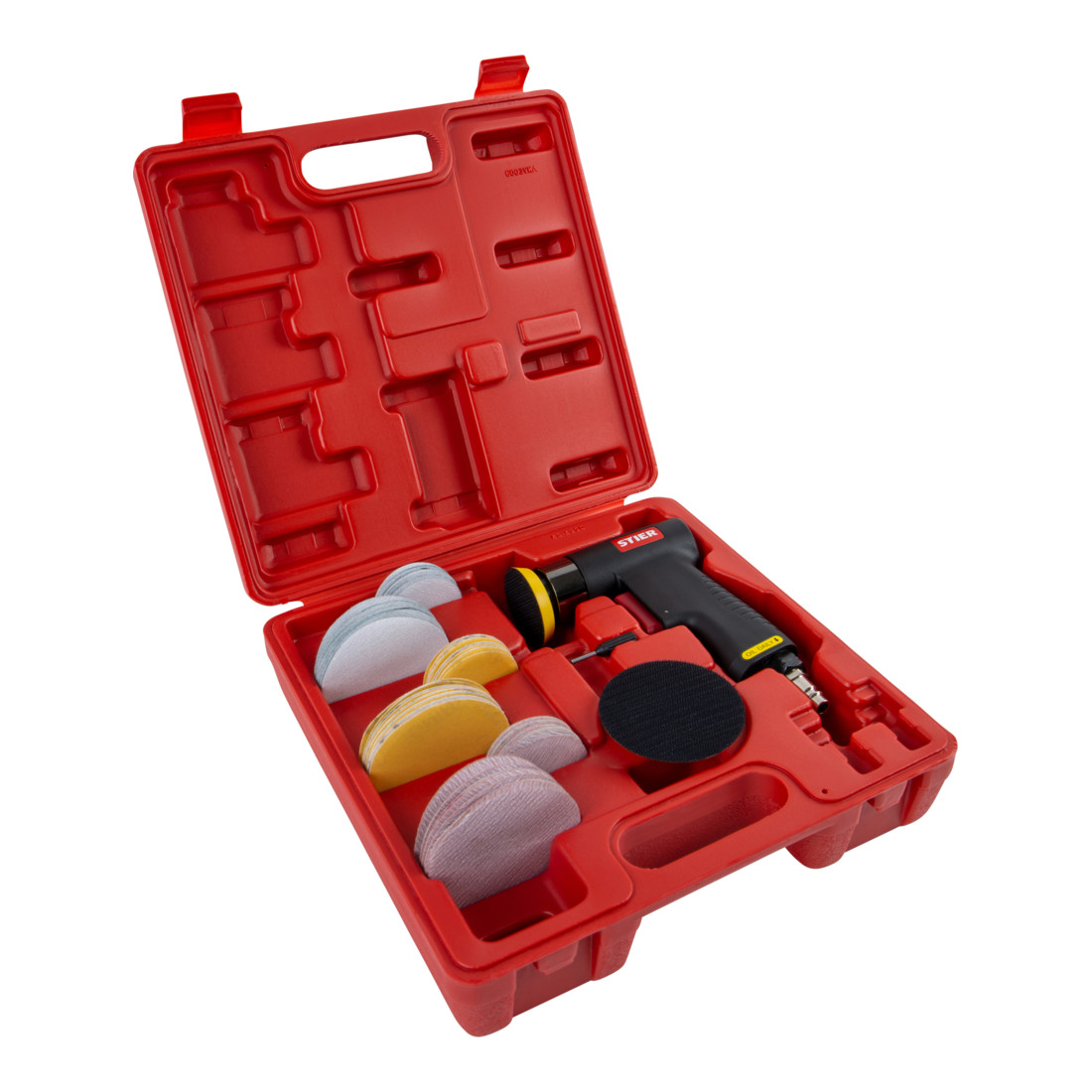 Kit mini-ponceuse excentrique STIER ME-26, longueur 100 mm, 64 pièces