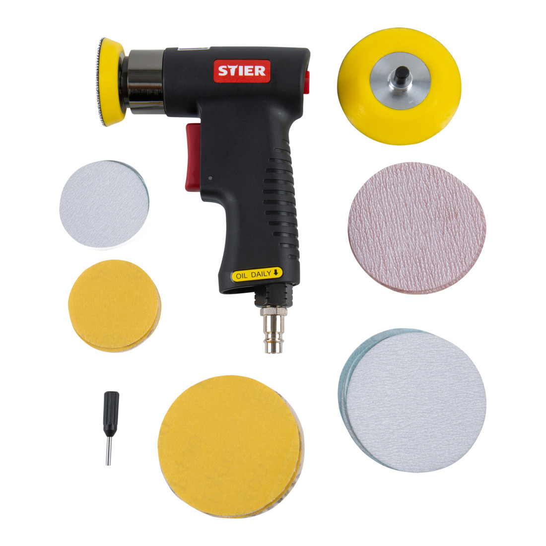 Kit mini-ponceuse excentrique STIER ME-26, longueur 100 mm, 64 pièces