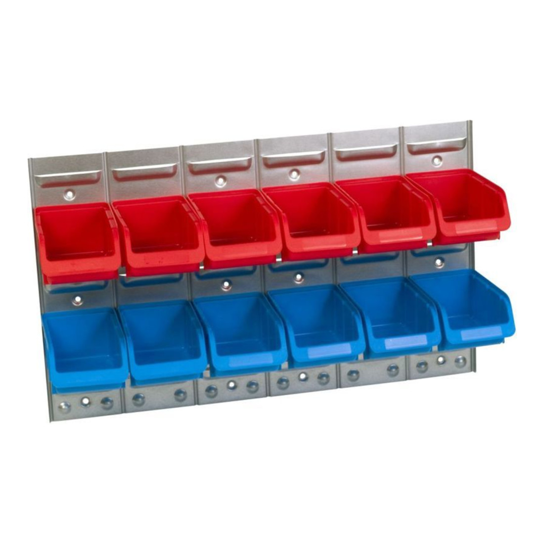 Kit panneau mural métallique à fentes 90x630x380 mm pour 6 x bacs PP, t. 2 rouges/bleus