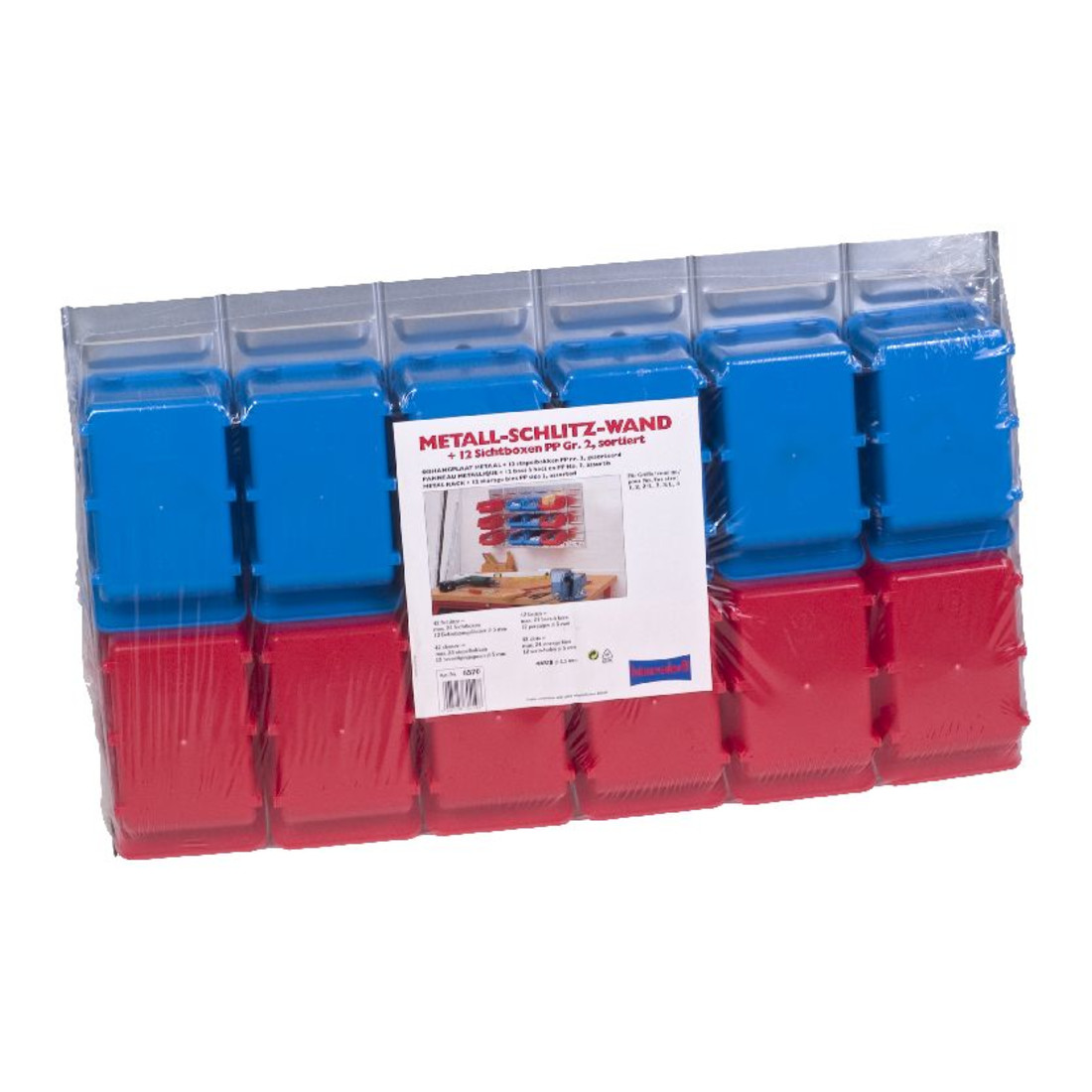Kit panneau mural métallique à fentes 90x630x380 mm pour 6 x bacs PP, t. 2 rouges/bleus