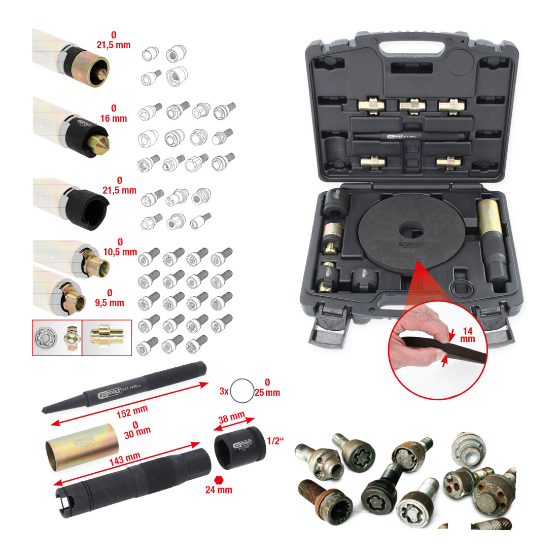 Kit pour défixation d’écrous antivol KS Tools 15 pcs