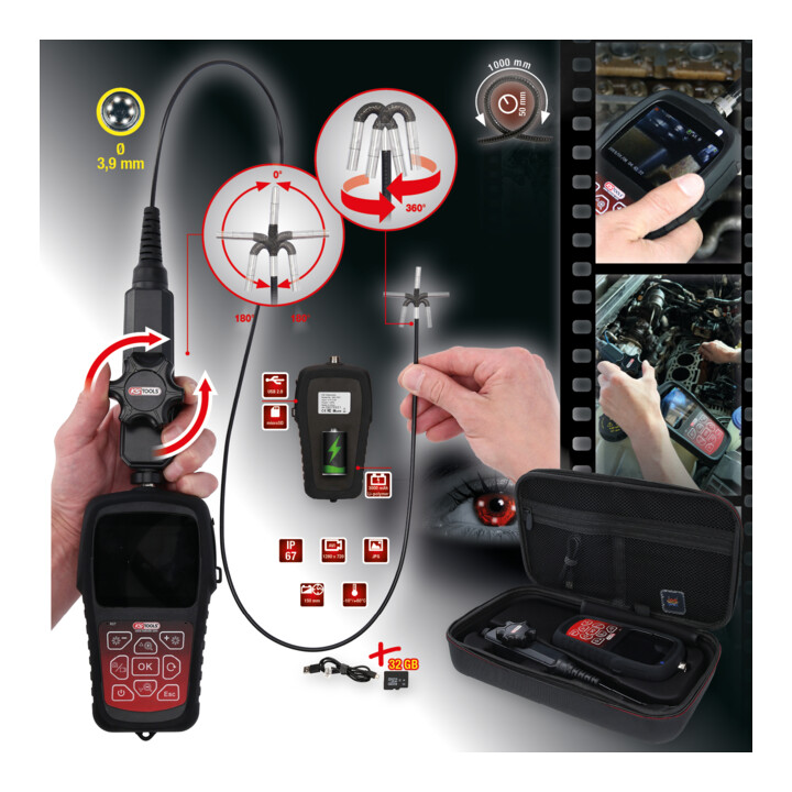 Kit vidéoscope HD avec sonde de caméra frontale HD 180° et 0° Ø 3,9 mm KS Tools gaine flexible en PVC KS Tools 3 pcs