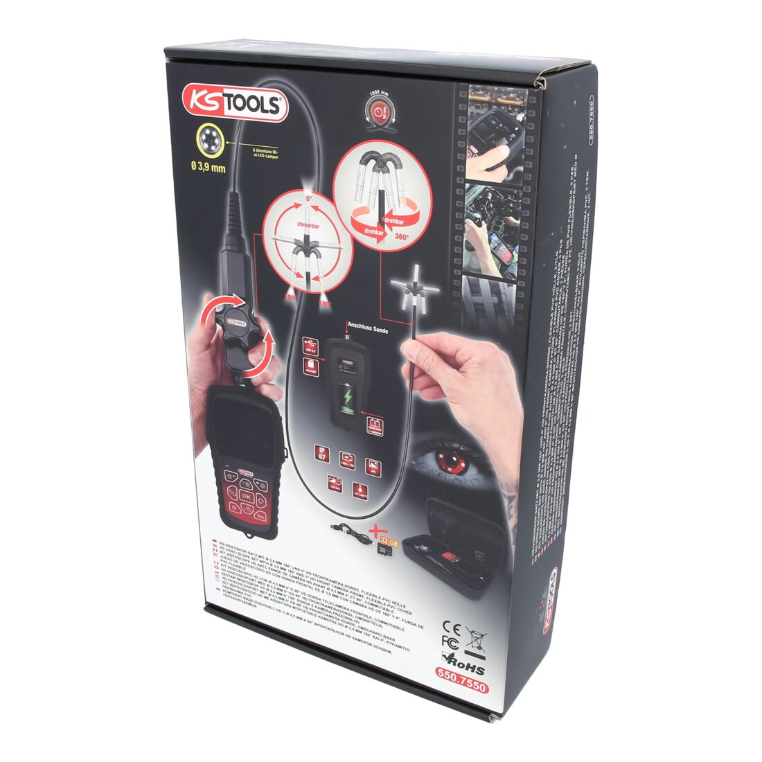 Kit vidéoscope HD avec sonde de caméra frontale HD 180° et 0° Ø 3,9 mm KS Tools gaine flexible en PVC KS Tools 3 pcs