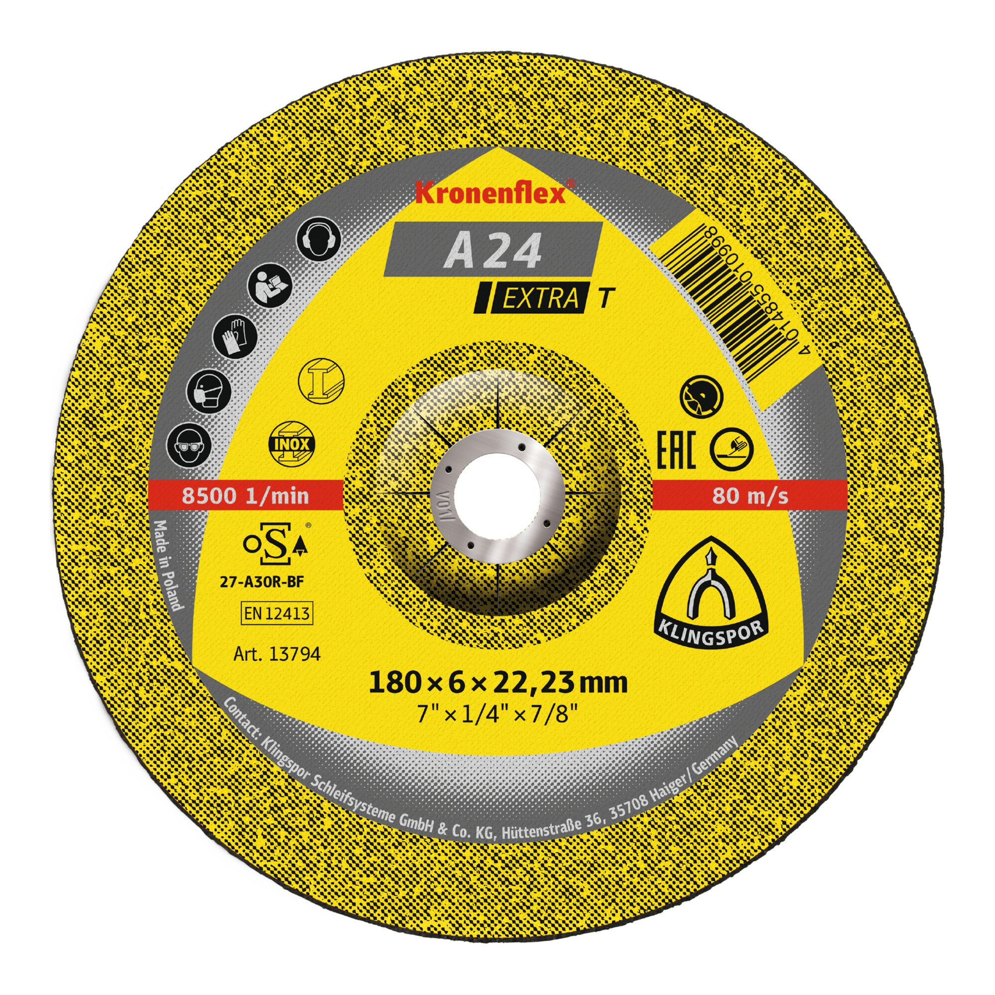 Klingspor A 24 EX-T Schruppscheiben, 180 x 6 x 22,23 mm gekröpft