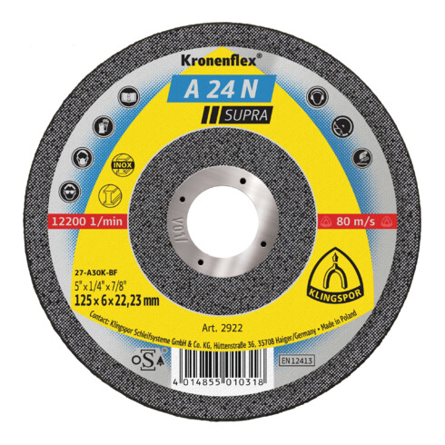 Klingspor disque de meulage A 24 N Acier inoxydable 22,23 mm