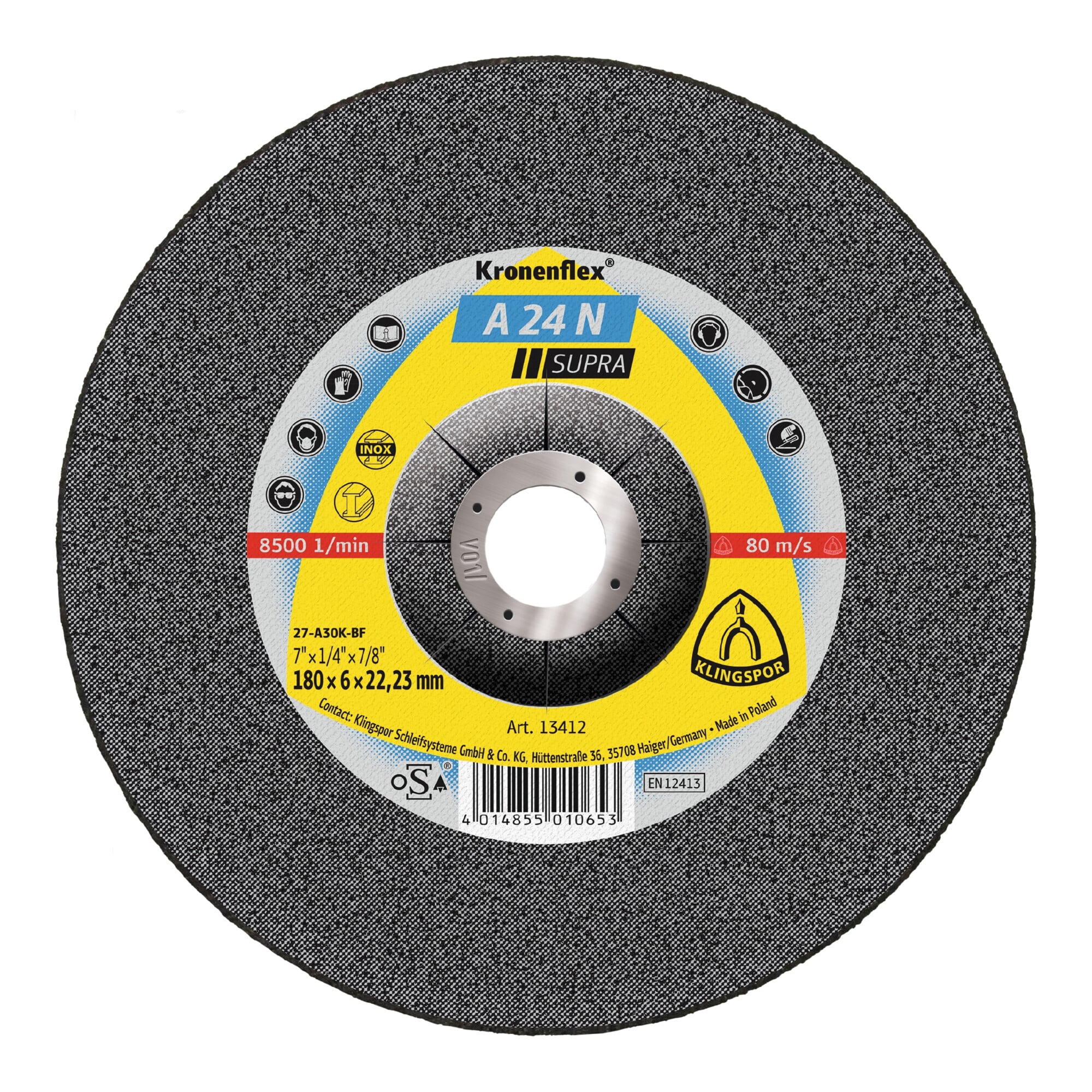 Klingspor A 24 N Schruppscheiben, 180 x 6 x 22,23 mm gekröpft