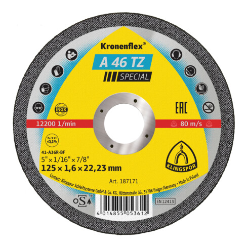 Klingspor A 46 TZ doorslijpschijven, 125 x 1,6 x 22,23 mm vlak