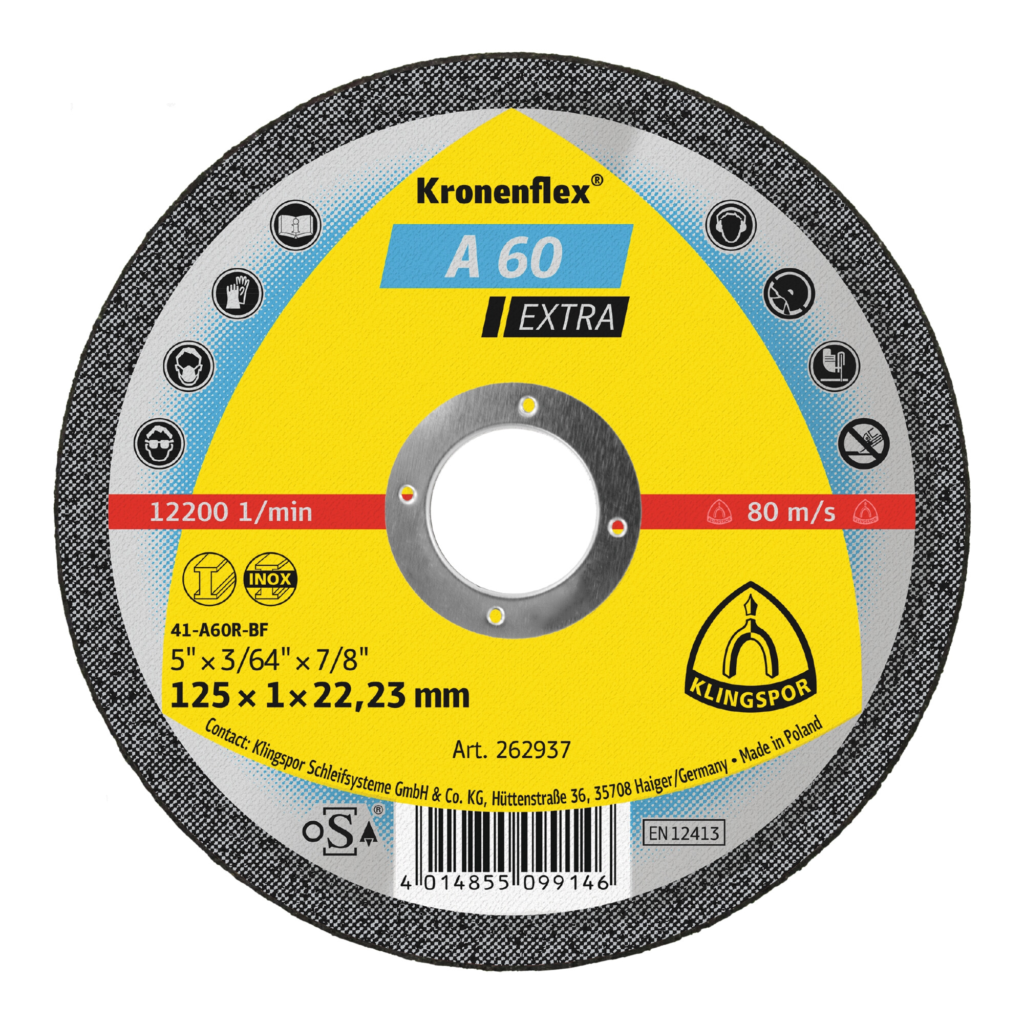 Klingspor A 60 EX Trennscheiben aus Korund mit gerader Form (125 x 1 x 22,23 mm) für Metalltrennung, 262937