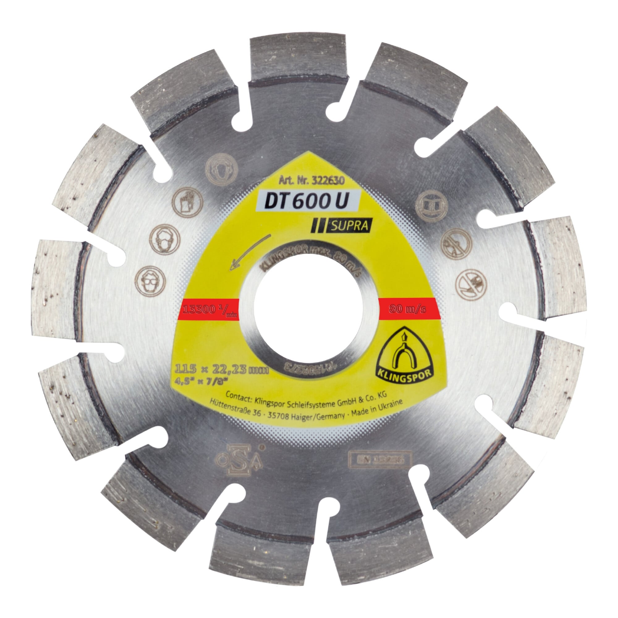 Klingspor DT 600 U Diamanttrennscheiben, 115 x 2,4 x 22,23 mm 13 Segmente 20 x 2,4 x 9 mm, Kurzverzahnung