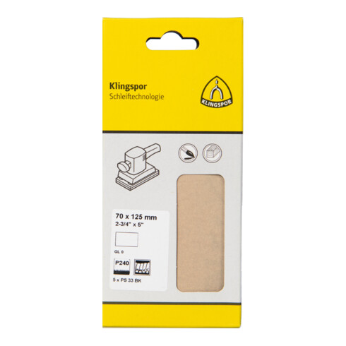 Klingspor PS 33 BK Streifen kletthaftend, 70 x 125 mm ohne Loch, SB-verpackt im Reiter