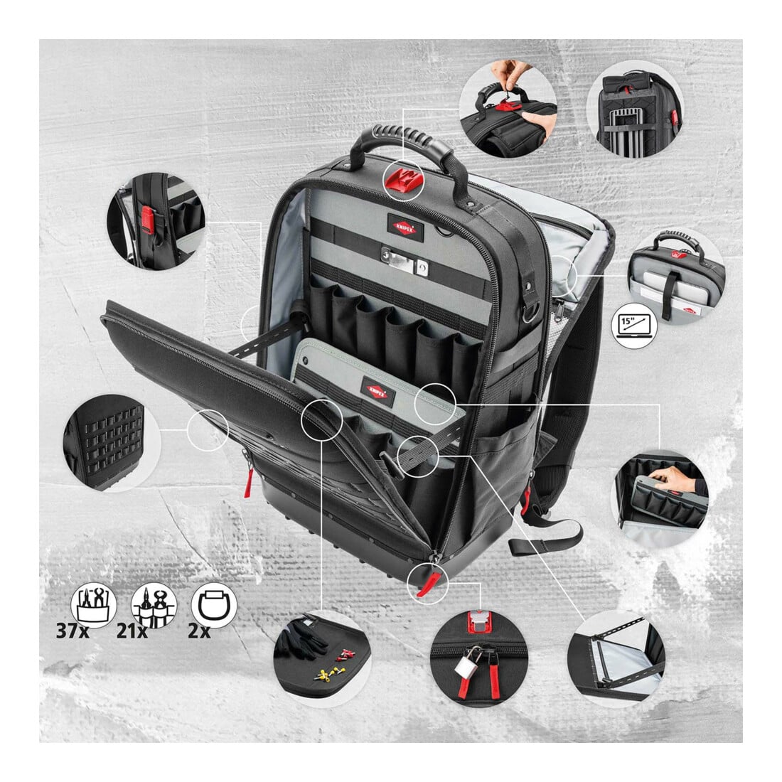 KNIPEX 00 21 50 S Werkzeugrucksack Modular X18 Sanitär 17-teilig 530 mm