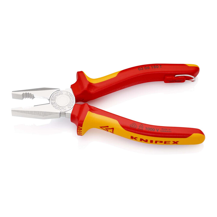 KNIPEX 03 06 180 T Kombizange isoliert mit Mehrkomponenten-Hüllen, VDE-geprüft; mit integrierter isolierter Befestigungsöse zum Anbringen einer Absturzsicherung verchromt 180 mm