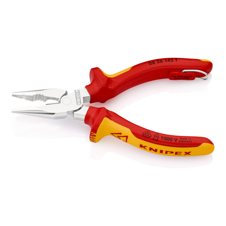 KNIPEX 08 26 145 T Spitz-Kombizange isoliert mit Mehrkomponenten-Hüllen, VDE-geprüft; mit integrierter isolierter Befestigungsöse zum Anbringen einer Absturzsicherung verchromt 145 mm
