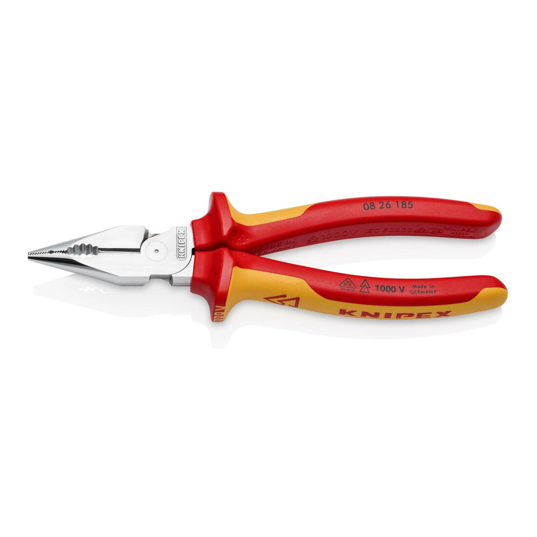 KNIPEX 08 26 185 Spitz-Kombizange isoliert mit Mehrkomponenten-Hüllen, VDE-geprüft verchromt 185 mm