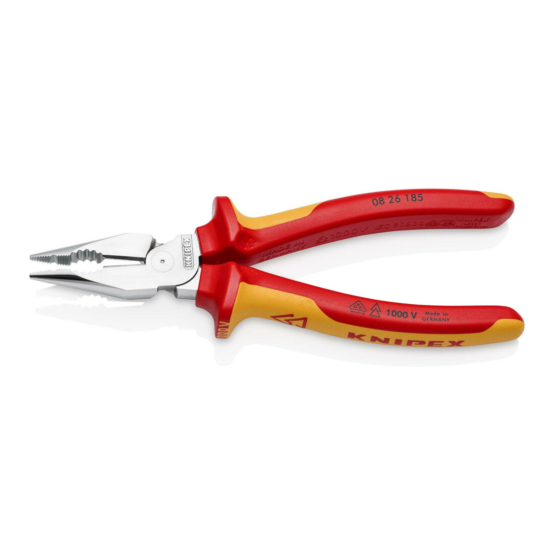 KNIPEX 08 26 185 Spitz-Kombizange isoliert mit Mehrkomponenten-Hüllen, VDE-geprüft verchromt 185 mm