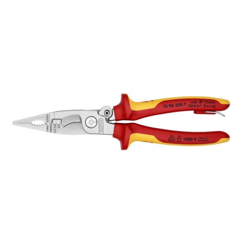 KNIPEX 13 96 200 T Elektro-Installationszange mit Befestigungsöse verchromt VDE 200 mm
