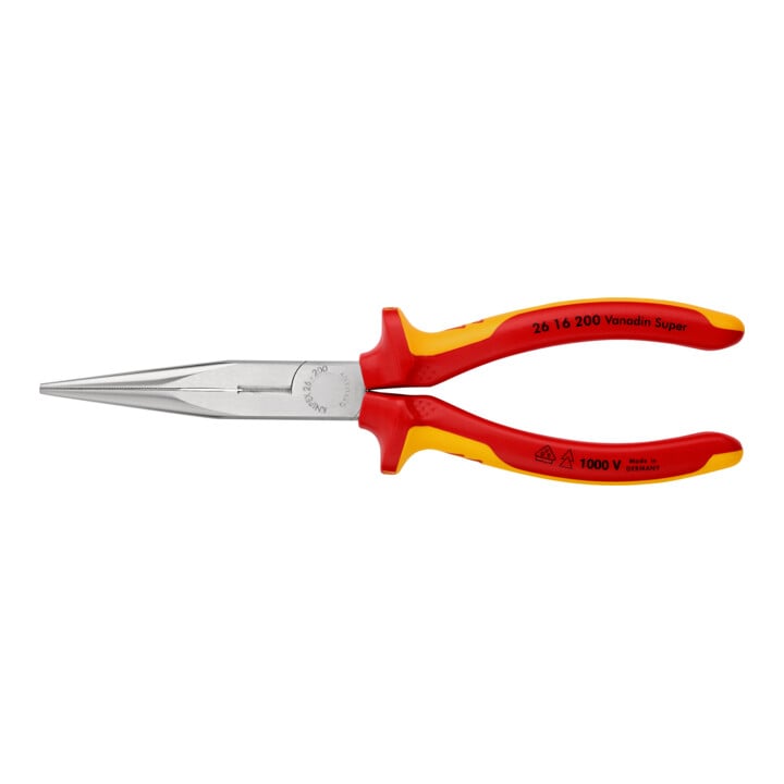 KNIPEX 26 16 200 Flachrundzange mit Schneide (Storchschnabelzange) isoliert mit Mehrkomponenten-Hüllen, VDE-geprüft verchromt 200 mm