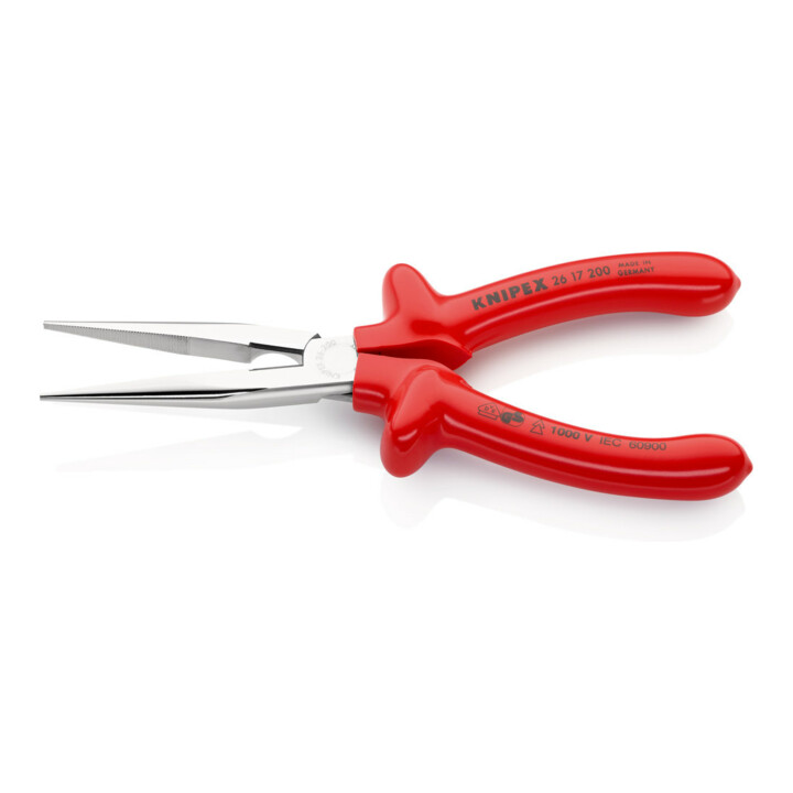 KNIPEX 26 17 200 Flachrundzange mit Schneide (Storchschnabelzange) tauchisoliert, VDE-geprüft verchromt 200 mm