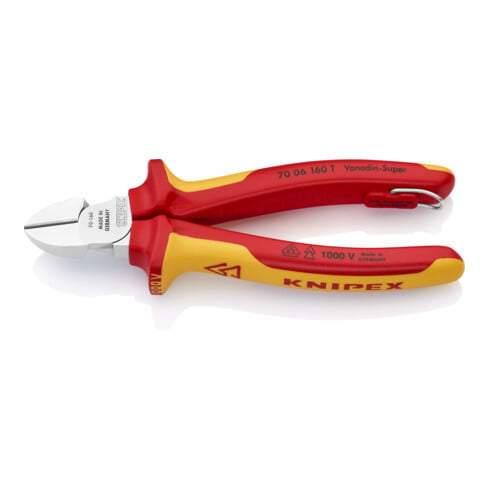 KNIPEX Tronchese laterale 70 06 160 T BK con occhiello di fissaggio cromata VDE, 160mm