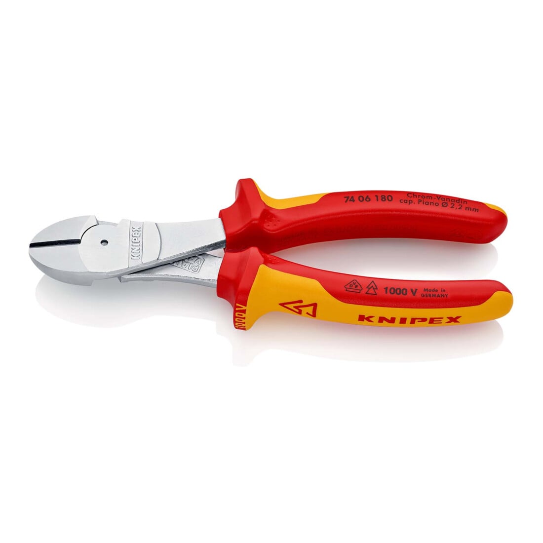 KNIPEX 74 06 180 Kraft-Seitenschneider isoliert mit Mehrkomponenten-Hüllen, VDE-geprüft verchromt 180 mm