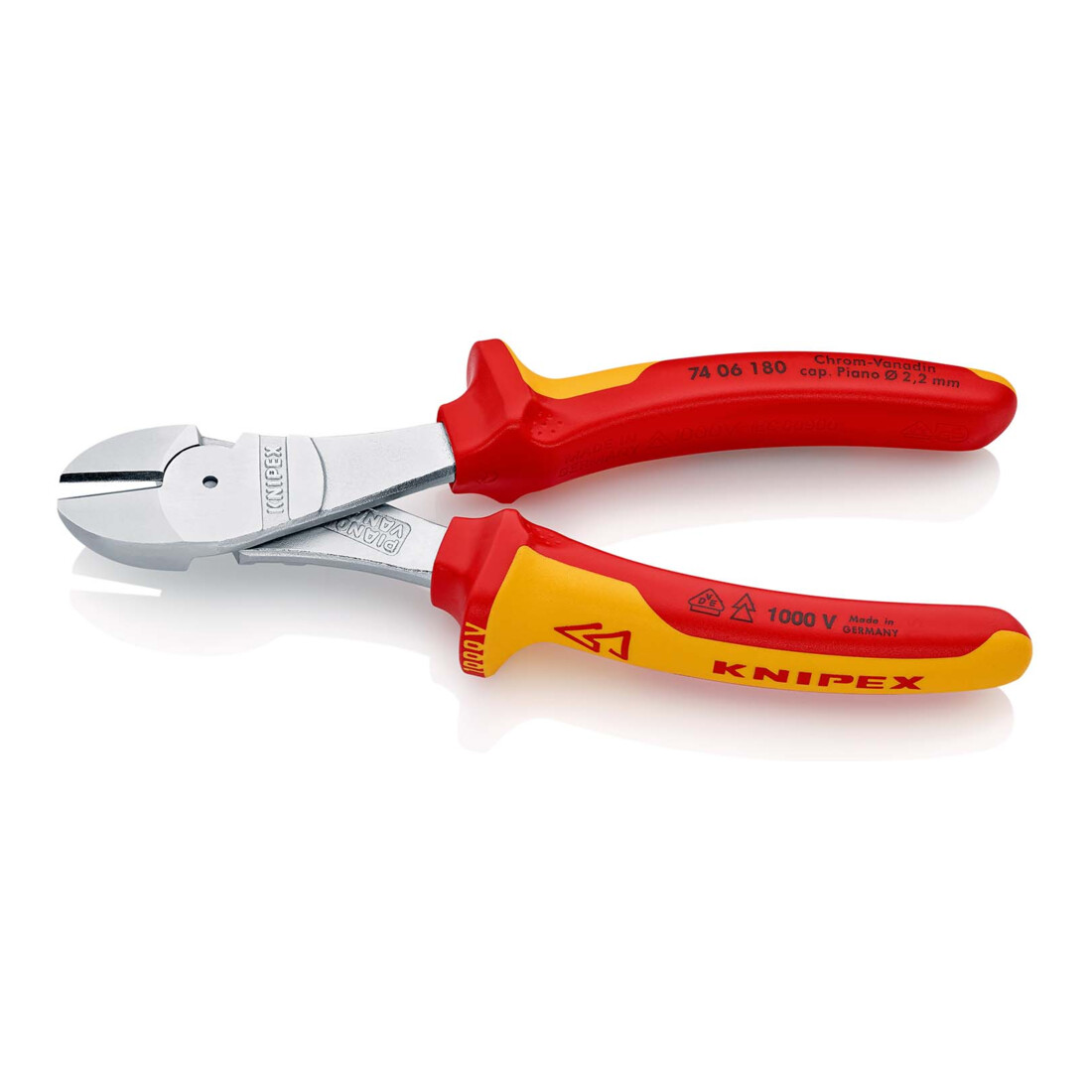 KNIPEX 74 06 180 Kraft-Seitenschneider isoliert mit Mehrkomponenten-Hüllen, VDE-geprüft verchromt 180 mm