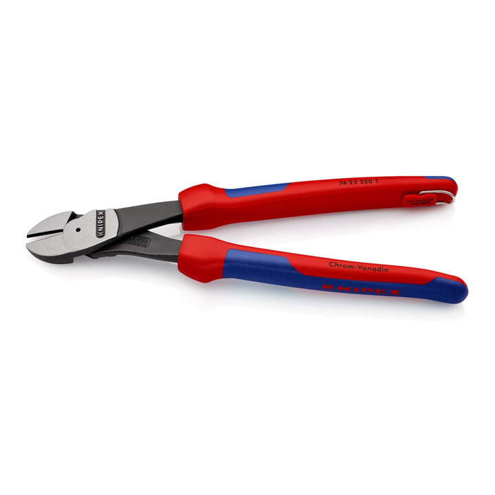 KNIPEX 74 22 250 T Kraft-Seitenschneider mit Mehrkomponenten-Hüllen, mit integrierter Befestigungsöse zum Anbringen einer Absturzsicherung schwarz atramentiert 250 mm