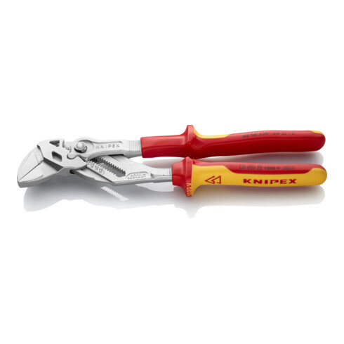 KNIPEX 86 06 250 Zangenschlüssel Zange und Schraubenschlüssel in einem Werkzeug isoliert mit Mehrkomponenten-Hüllen, VDE-geprüft verchromt 250 mm