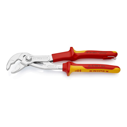 KNIPEX 87 26 250 T Cobra® VDE Hightech-Wasserpumpenzange, isoliert isoliert mit Mehrkomponenten-Hüllen und integrierter Befestigungsöse, VDE-geprüft verchromt 250 mm