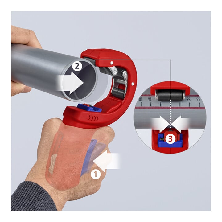 KNIPEX 90 23 02 BK DPT50 Rohrschneider für dickwandige Kunststoffrohre, auch kerngeschäumt Schneiden und Anfasen in einem Schritt mit Kunststoff überzogen 202 mm