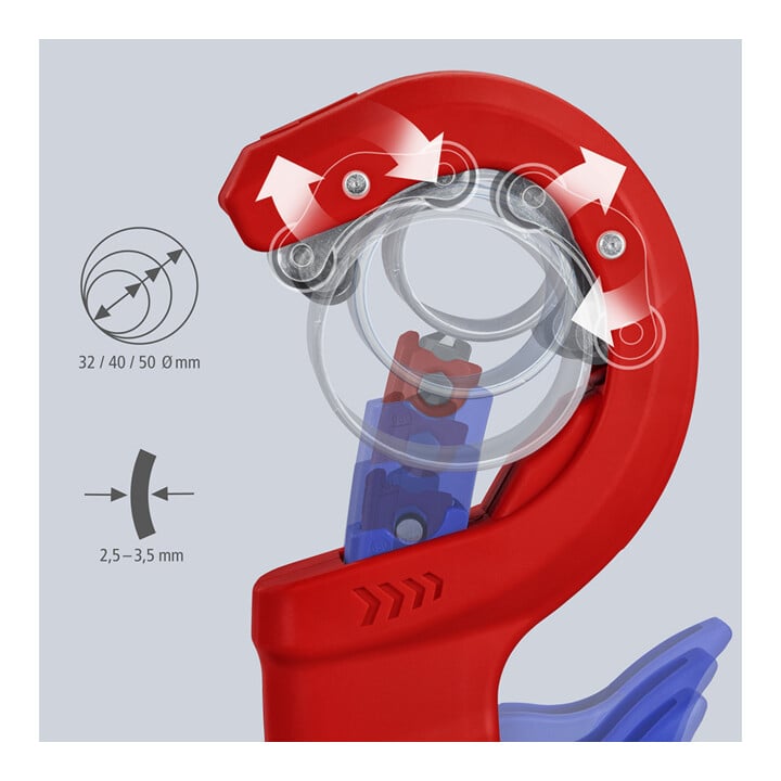 KNIPEX 90 23 02 BK DPT50 Rohrschneider für dickwandige Kunststoffrohre, auch kerngeschäumt Schneiden und Anfasen in einem Schritt mit Kunststoff überzogen 202 mm