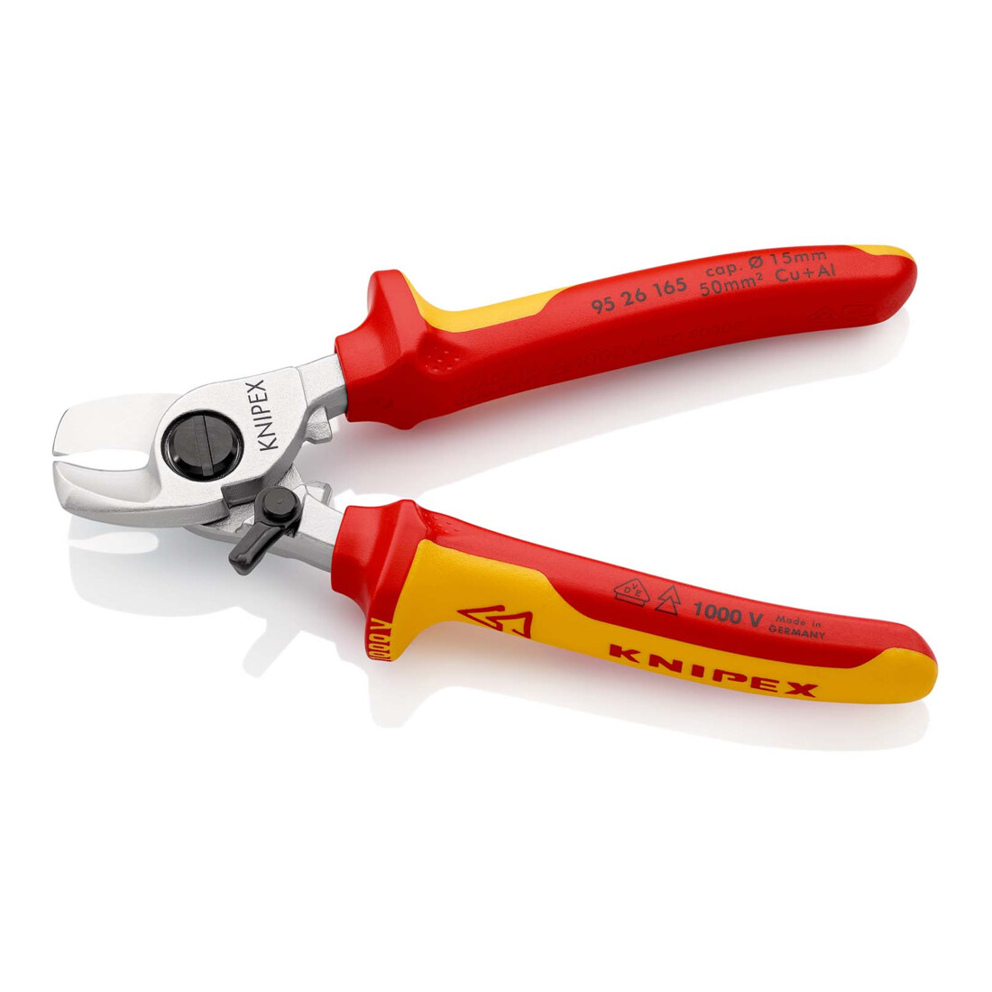 KNIPEX 95 26 165 Kabelschere mit Öffnungsfeder isoliert mit Mehrkomponenten-Hüllen, VDE-geprüft verchromt 165 mm