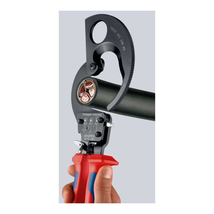 KNIPEX 95 31 250 Kabelschneider (Ratschenprinzip) mit Mehrkomponenten-Hüllen schwarz lackiert 250 mm