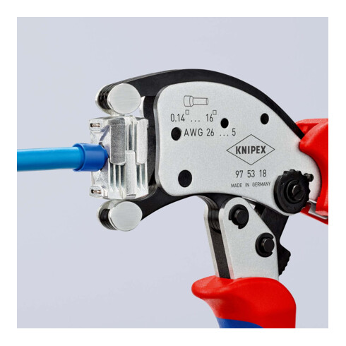 KNIPEX 97 53 18 Twistor16® Selbsteinstellende Crimpzange für Aderendhülsen mit drehbarem Crimpkopf mit Mehrkomponenten-Hüllen verchromt 200 mm