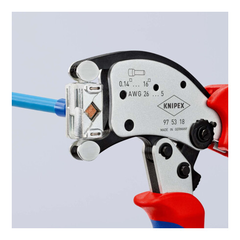 KNIPEX 97 53 18 Twistor16® Selbsteinstellende Crimpzange für Aderendhülsen mit drehbarem Crimpkopf mit Mehrkomponenten-Hüllen verchromt 200 mm